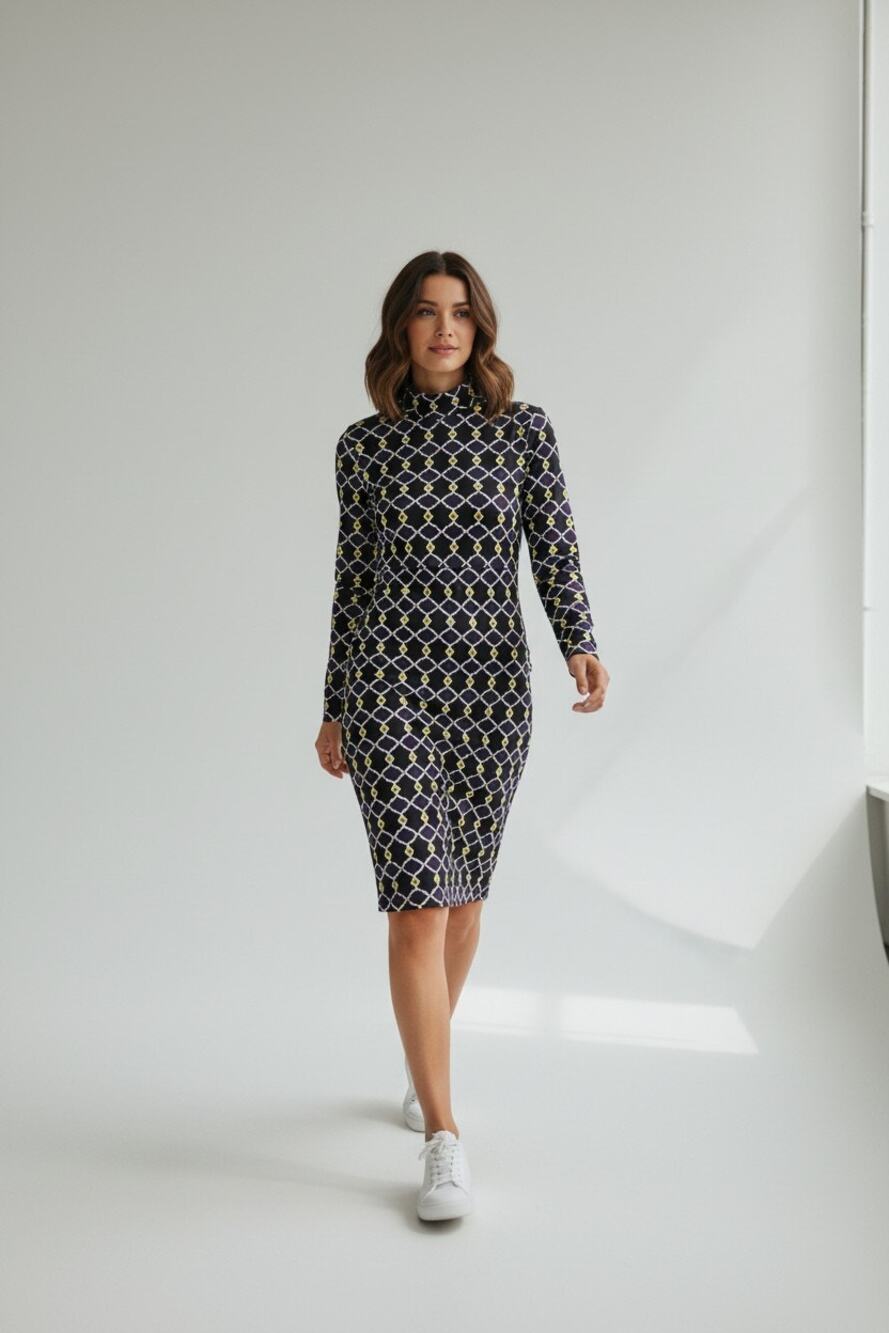 Jude Connally Sheath Dress Womens M Navy Blue Quatrefoil Geometric Turtleneck
